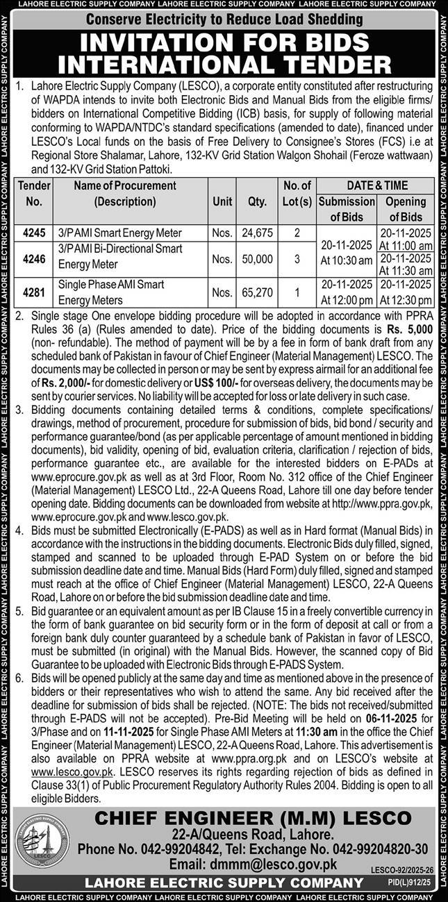 Lahore Electric Supply Company Tender Notice
